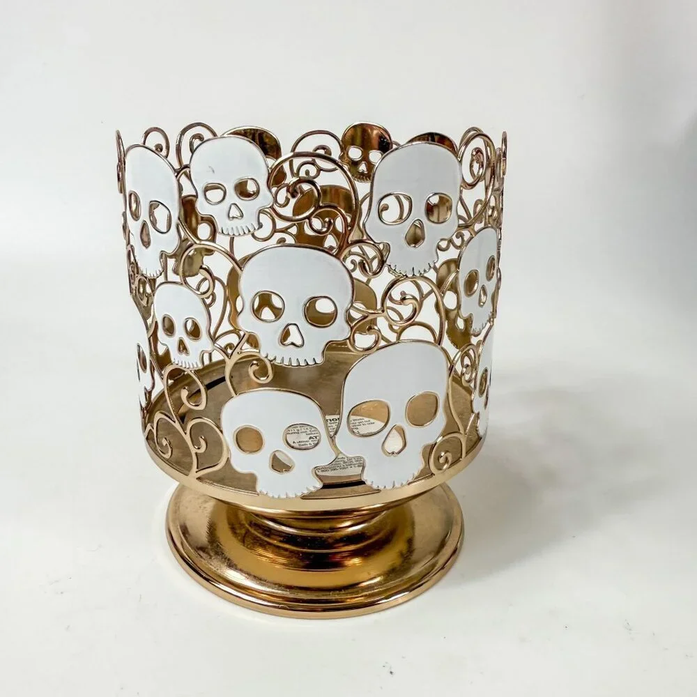 Bath & Body Works Gold Tone White Skulls 3-Wick Pedestal Candle Holder